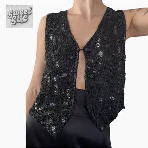 Sweet Sue Black Silk Beaded Sequin Vest Small Vintage Evening Open Front